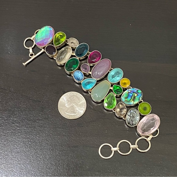 Stunning Multicolored Gemstones Crystals Mixed Cabochon Wide Bracelet 55.1g - Picture 4 of 16